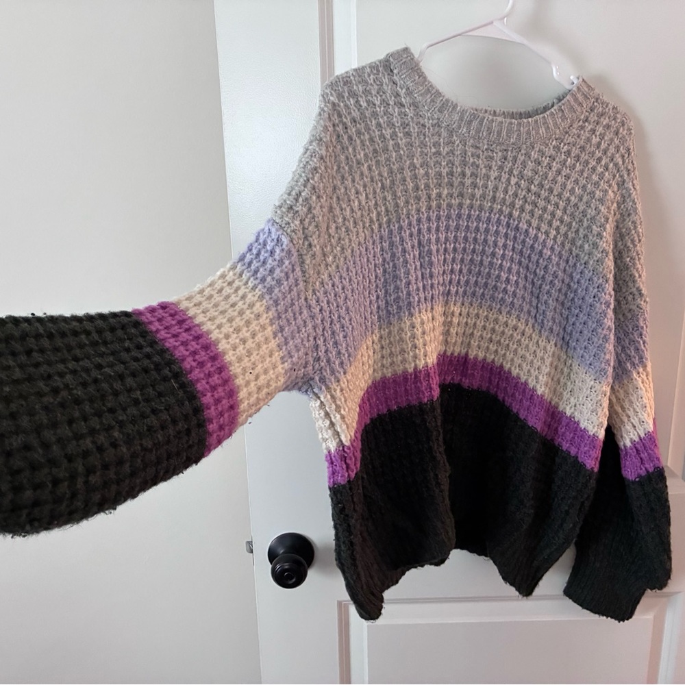 Cozy Colorblock Knit Sweater - Gray, Purple & Black